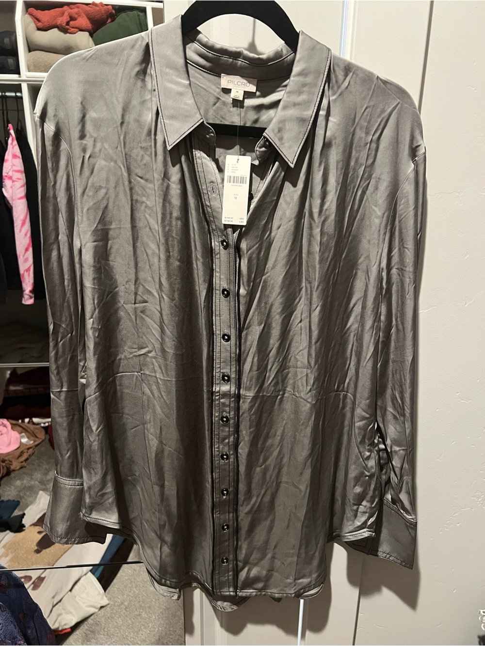 Pilcro Women’s Satin Button-Up Shirt — Silver Gray